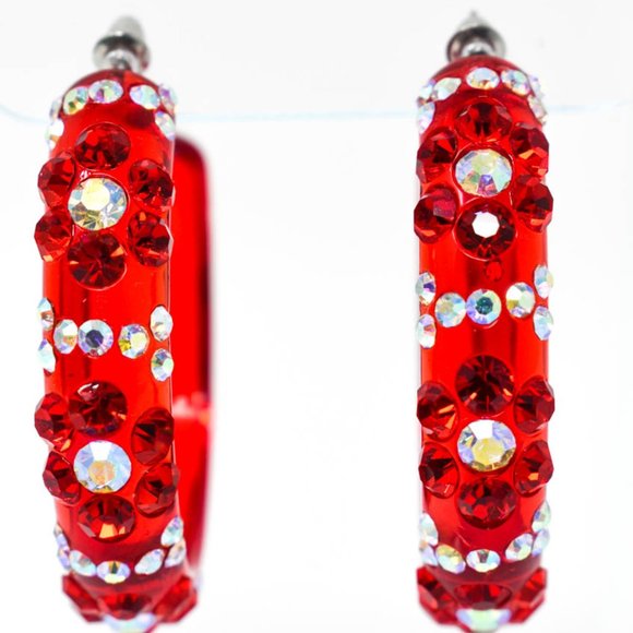 2" Flower Pattern Red Lucite Rhinestone Earrings - Picture 10 of 11